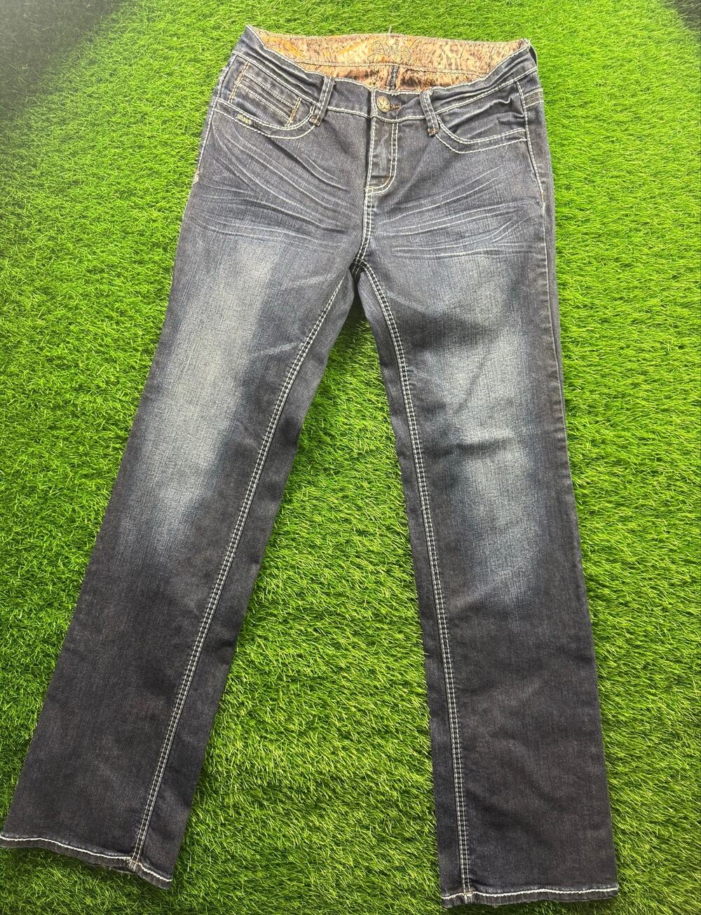 Adiktd Jeans Womens 8 W30 L35 Bootcut Dark Wash Fleur De Lis Studded Y2K Western - Picture 1 of 16